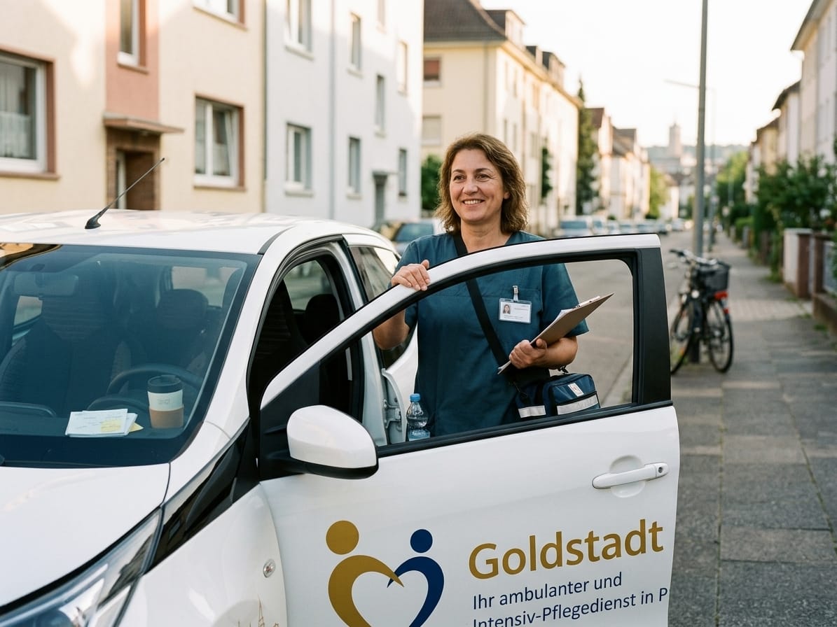 Pflegekraft von Goldstadt Care steigt in Pforzheim aus dem Dienstwagen, Klemmbrett und Pflegetasche in der Hand