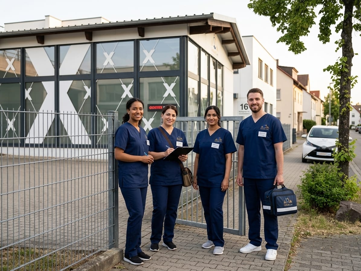 Das Pflegeteam von Goldstadt Care vor dem Büro in der Stuttgarter Straße in Pforzheim